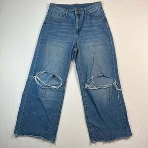 Shein Jeans Women's‎ Size Large Blue Denim Wide Leg Baggy Loose Distressed Knee